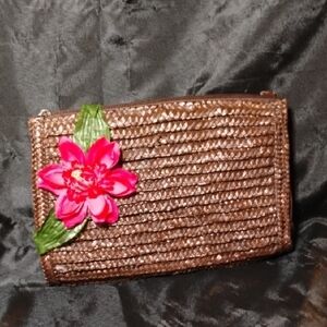 Brown and Pink Floral Rattan Woven Clutch